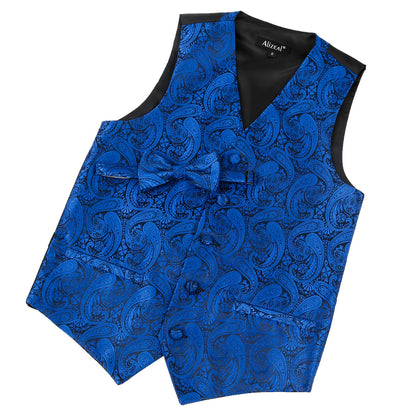 Boy's Paisley Jacquard Pre-Tied Bow Tie with Classic Floral Dress Suit Vest Set, 077-Royal Blue
