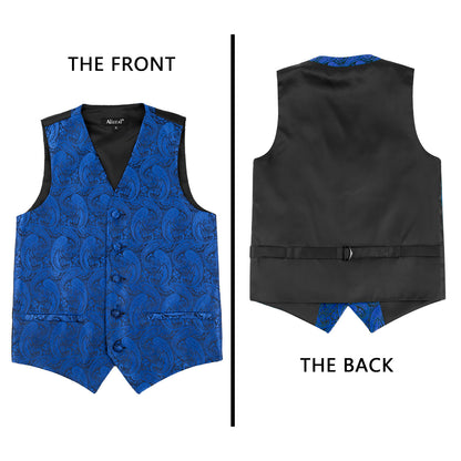 Boy's Paisley Jacquard Pre-Tied Bow Tie with Classic Floral Dress Suit Vest Set, 077-Royal Blue