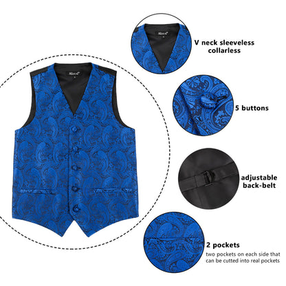 Boy's Paisley Jacquard Pre-Tied Bow Tie with Classic Floral Dress Suit Vest Set, 077-Royal Blue