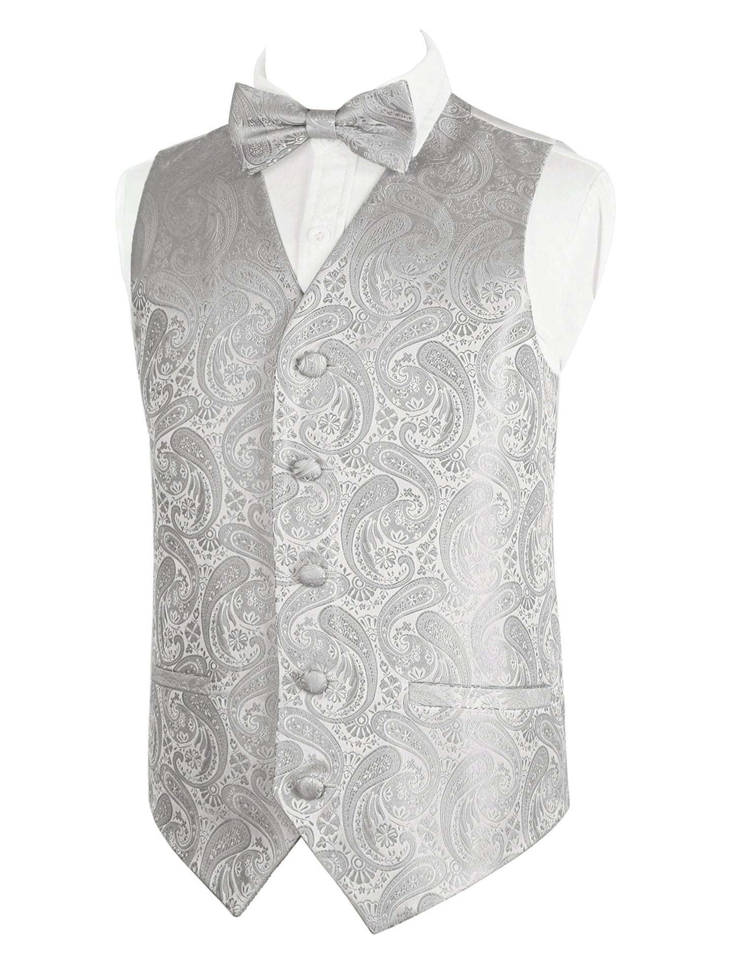 Boy's Paisley Jacquard Pre-Tied Bow Tie with Classic Floral Dress Suit Vest Set, 077-Silver