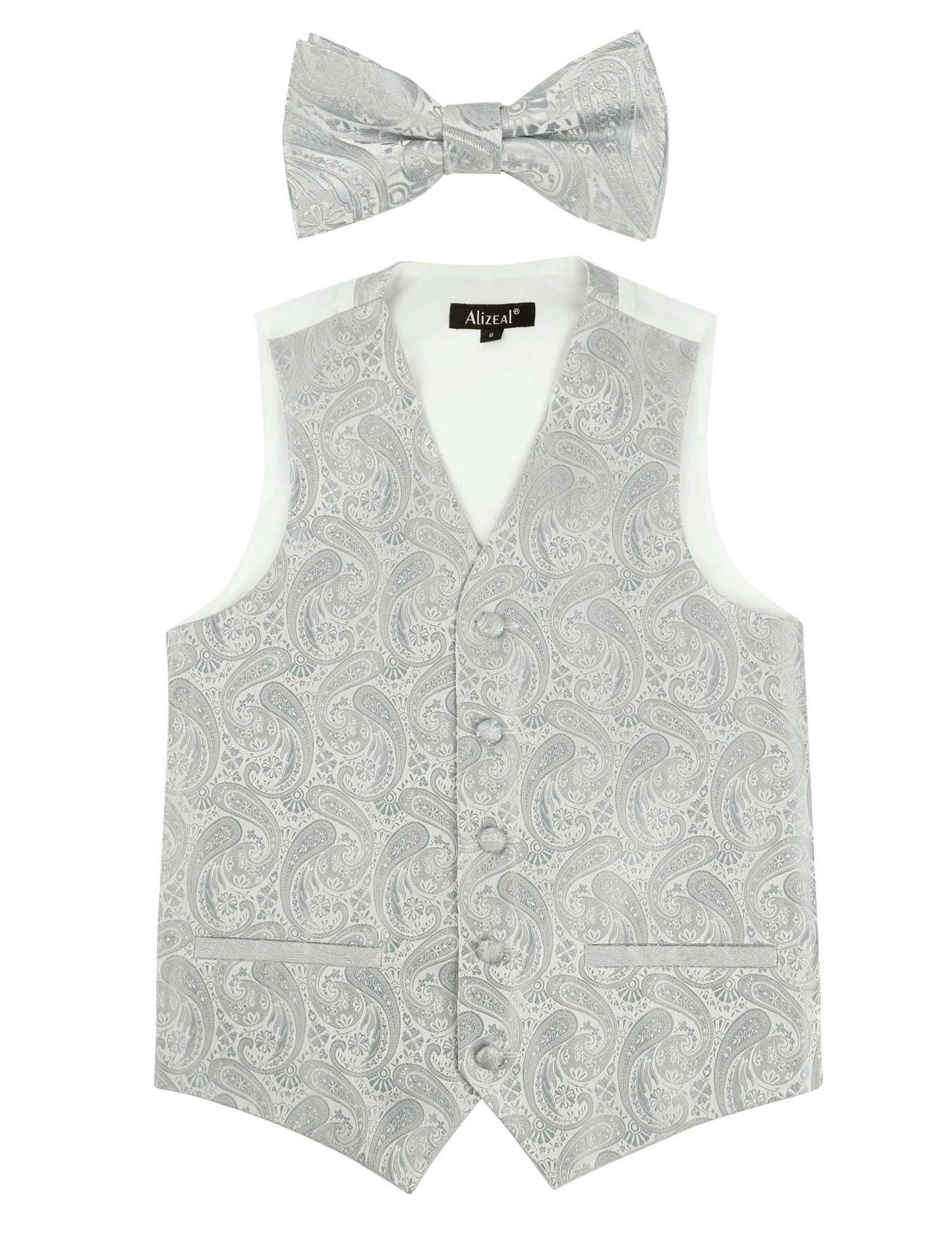Boy's Paisley Jacquard Pre-Tied Bow Tie with Classic Floral Dress Suit Vest Set, 077-Silver