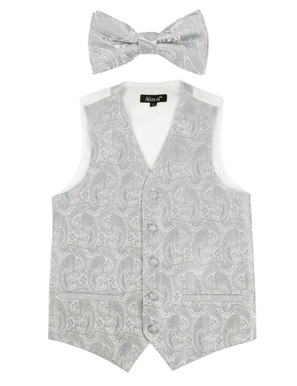 Boy's Paisley Jacquard Pre-Tied Bow Tie with Classic Floral Dress Suit Vest Set, 077-Silver