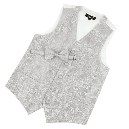 Boy's Paisley Jacquard Pre-Tied Bow Tie with Classic Floral Dress Suit Vest Set, 077-Silver