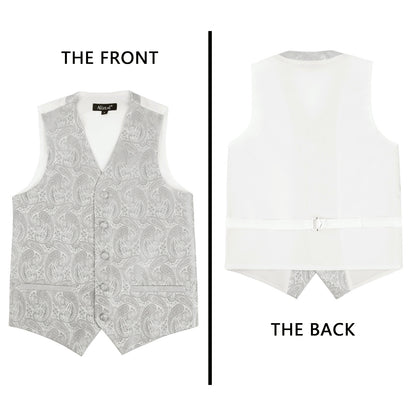 Boy's Paisley Jacquard Pre-Tied Bow Tie with Classic Floral Dress Suit Vest Set, 077-Silver