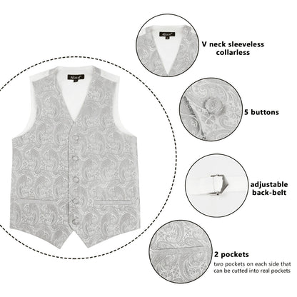 Boy's Paisley Jacquard Pre-Tied Bow Tie with Classic Floral Dress Suit Vest Set, 077-Silver