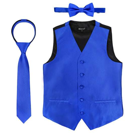 Boy's Classic Solid Bow Tie, Necktie and Suit Vest Set, 078-Royal Blue