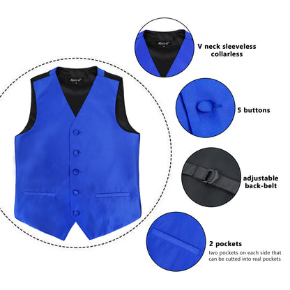 Boy's Classic Solid Bow Tie, Necktie and Suit Vest Set, 078-Royal Blue