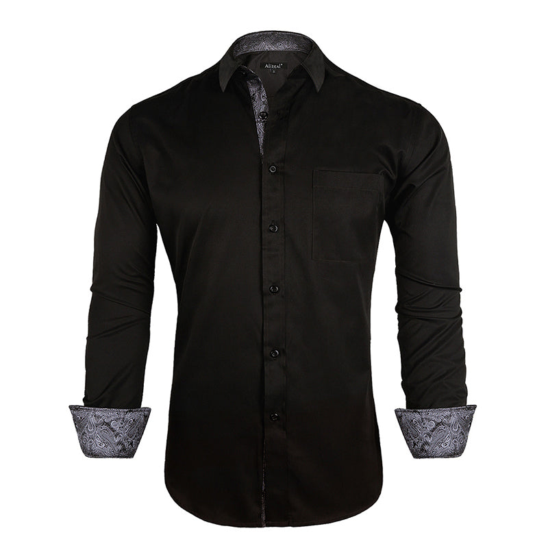 Men's Business Slim Fit Dress Shirt Long Sleeve Patchwork Button-Down Shirt, 004-Black+Gray