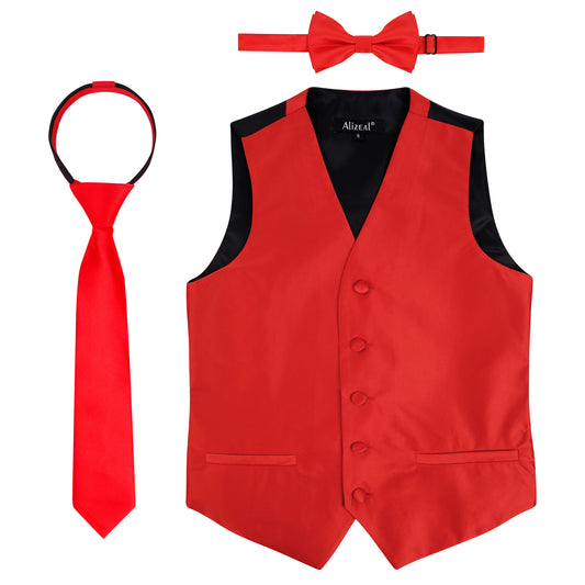 Boy's Classic Solid Bow Tie, Necktie and Suit Vest Set, 078-Red