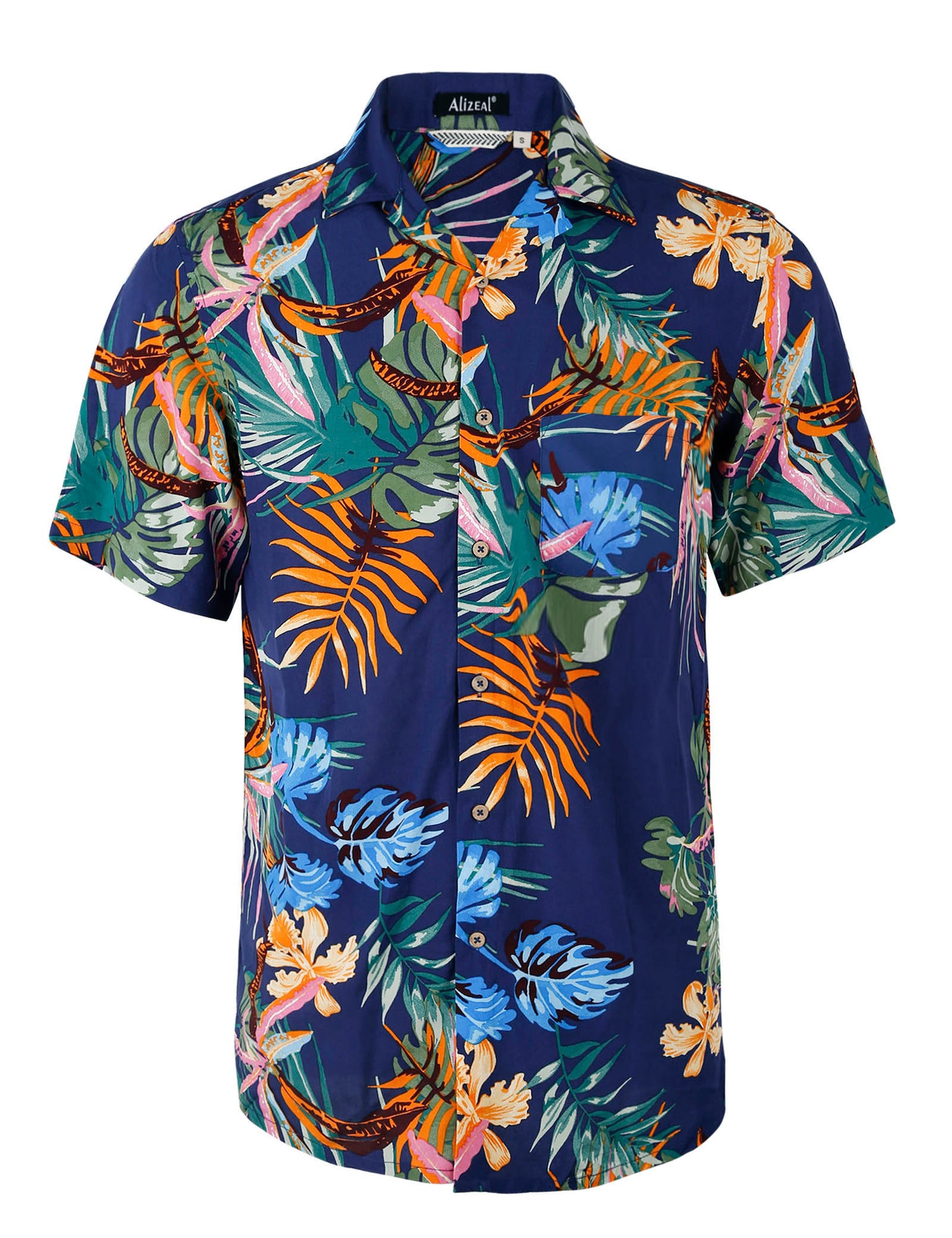 Alizeal Mens Hawaiian Short Sleeve Shirts Floral Casual Button Down Summer Aloha Beach Shirts, Navy (Leaf)