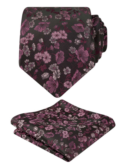 Men's 3.15inches Flower Patterned Tie with Floral Printed Pocket Square Set #109