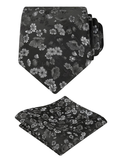 Men's 3.15inches Flower Patterned Tie with Floral Printed Pocket Square Set #109