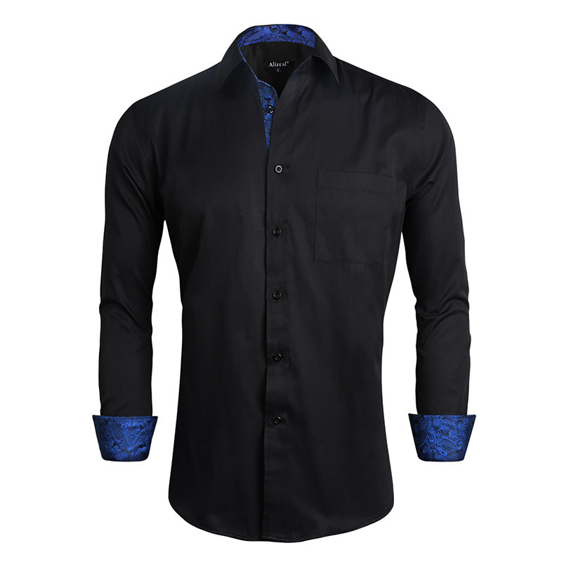 Men's Business Slim Fit Dress Shirt Long Sleeve Patchwork Button-Down Shirt, 004-Black+Royal Blue