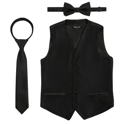 Boy's Classic Solid Bow Tie, Necktie and Suit Vest Set, 078-Black