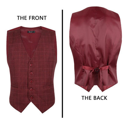 Men's Plaid Business Suit Vest V-Neck Regular Fit Checked Tuxedo Waistcoat, 190-Maroon