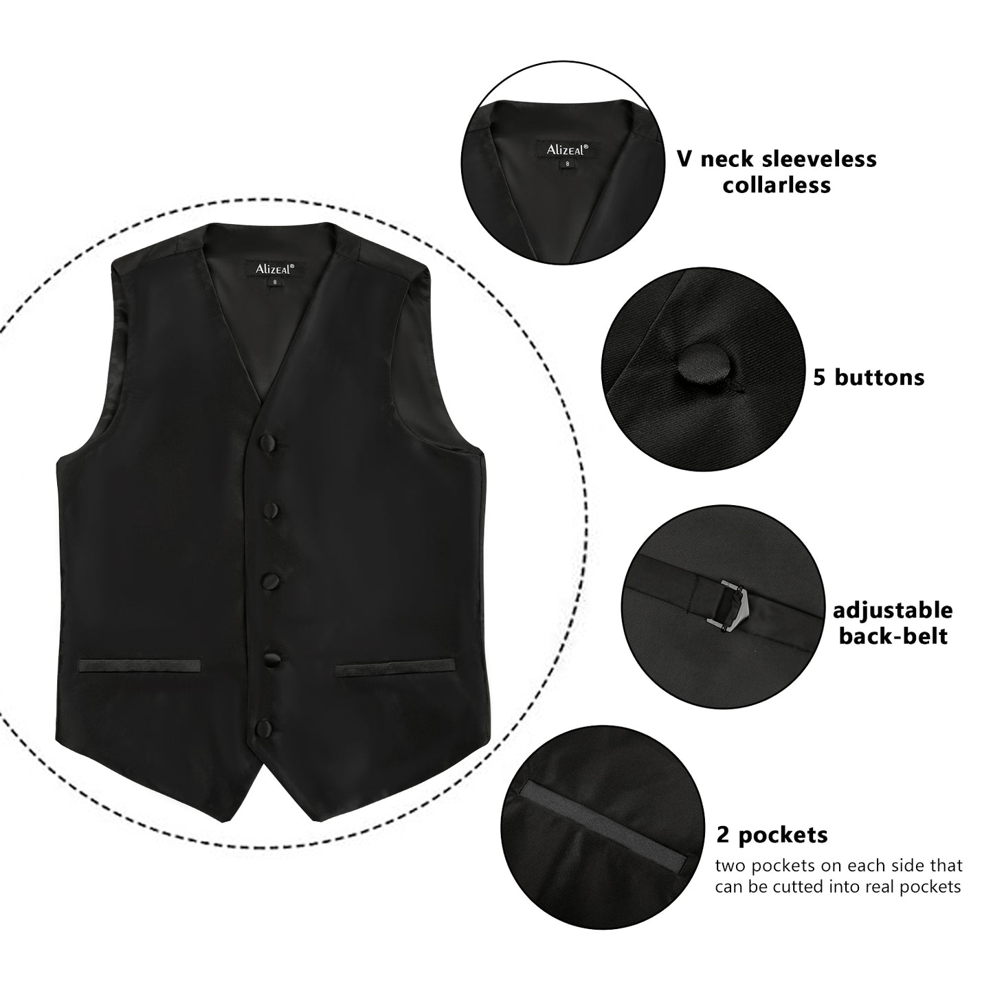 Boy's Classic Solid Bow Tie, Necktie and Suit Vest Set, 078-Black