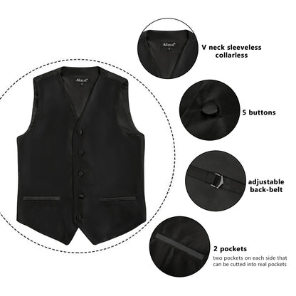 Boy's Classic Solid Bow Tie, Necktie and Suit Vest Set, 078-Black
