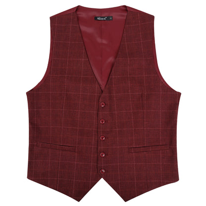 Men's Plaid Business Suit Vest V-Neck Regular Fit Checked Tuxedo Waistcoat, 190-Maroon