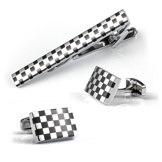 Men's Silver Checkered Cufflinks and Tie Clip Set