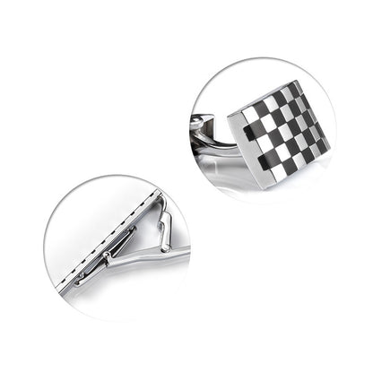 Men's Silver Checkered Cufflinks and Tie Clip Set