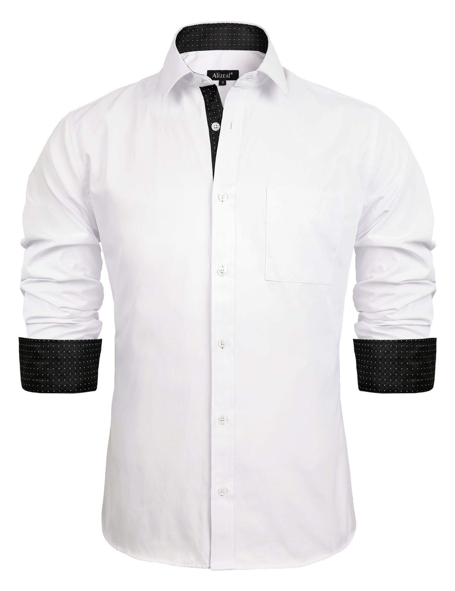 Men's Long Sleeve Dress Shirts Polka Dot Patchwork Button Down Formal Shirts, 116-White+Black Dots