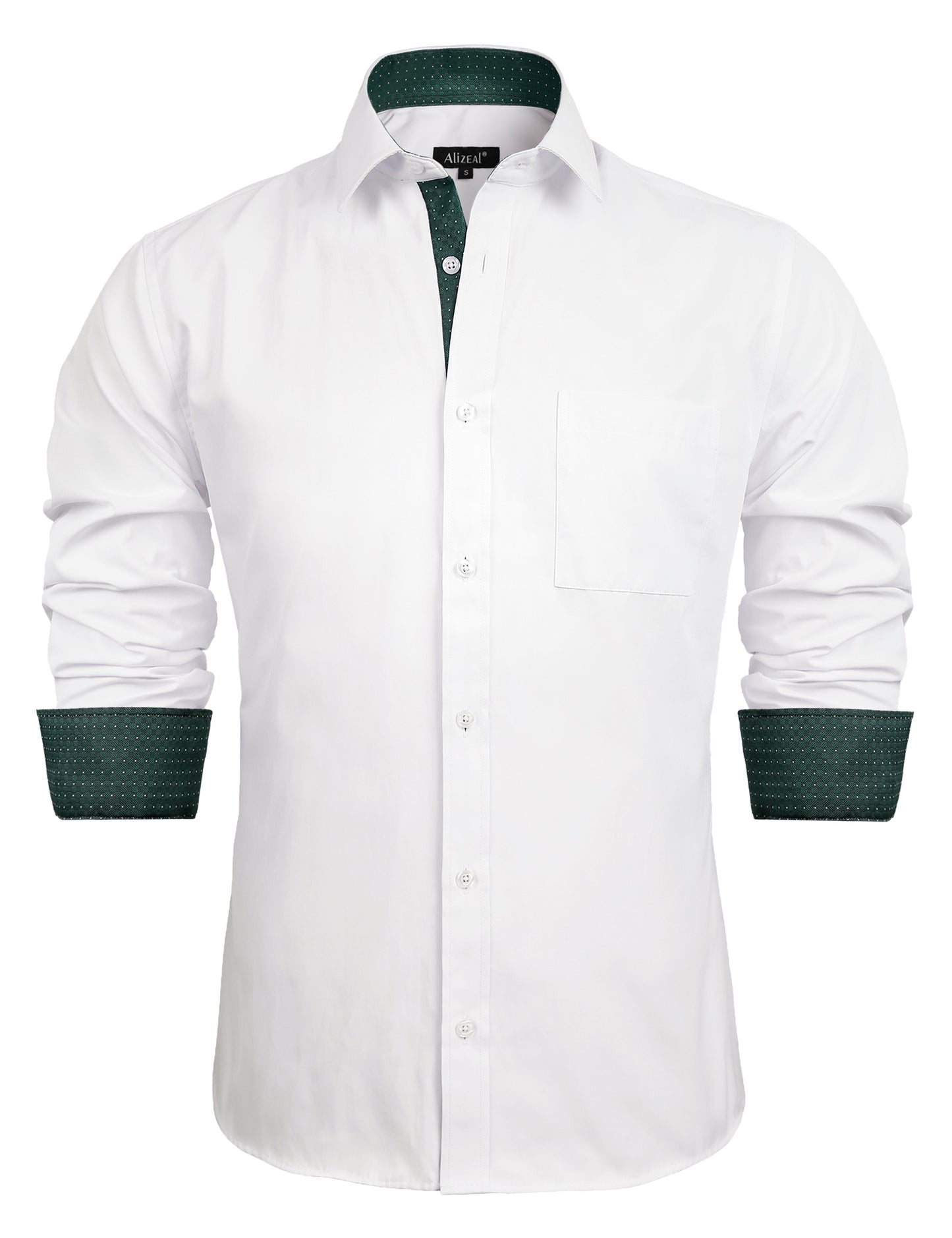 Men's Long Sleeve Dress Shirts Polka Dot Patchwork Button Down Formal Shirts, 116-White+Dark Green Dots