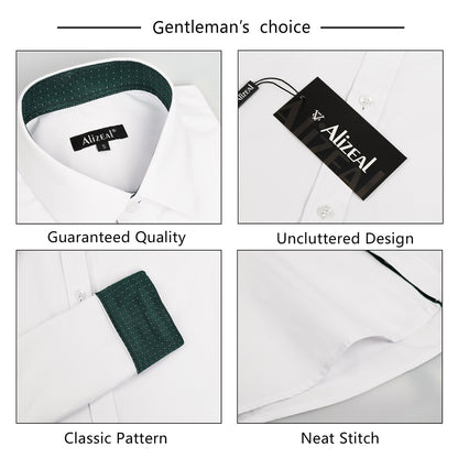 Men's Long Sleeve Dress Shirts Polka Dot Patchwork Button Down Formal Shirts, 116-White+Dark Green Dots