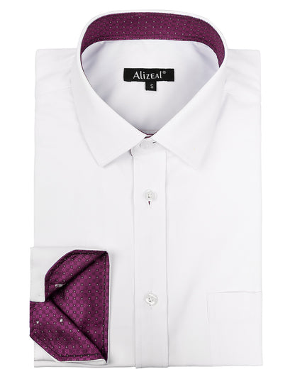 Men's Long Sleeve Dress Shirts Polka Dot Patchwork Button Down Formal Shirts, 116-White+Plum Dots