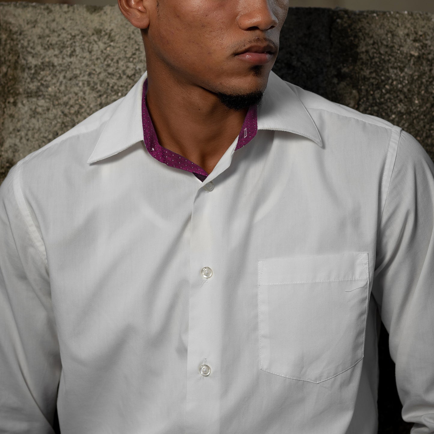 Men's Long Sleeve Dress Shirts Polka Dot Patchwork Button Down Formal Shirts, 116-White+Plum Dots
