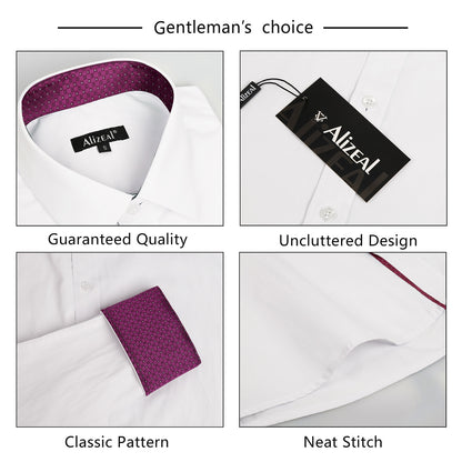 Men's Long Sleeve Dress Shirts Polka Dot Patchwork Button Down Formal Shirts, 116-White+Plum Dots
