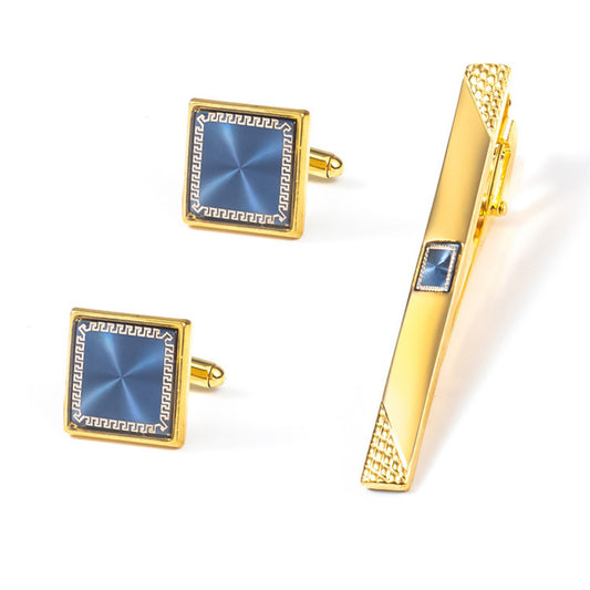 Men's Gold Square Cufflinks Tie Clip Set