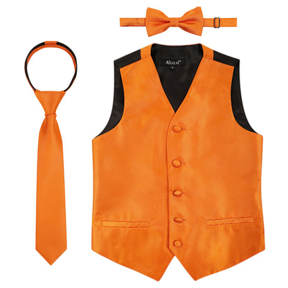 Boy's Classic Solid Bow Tie, Necktie and Suit Vest Set, 078-Orange