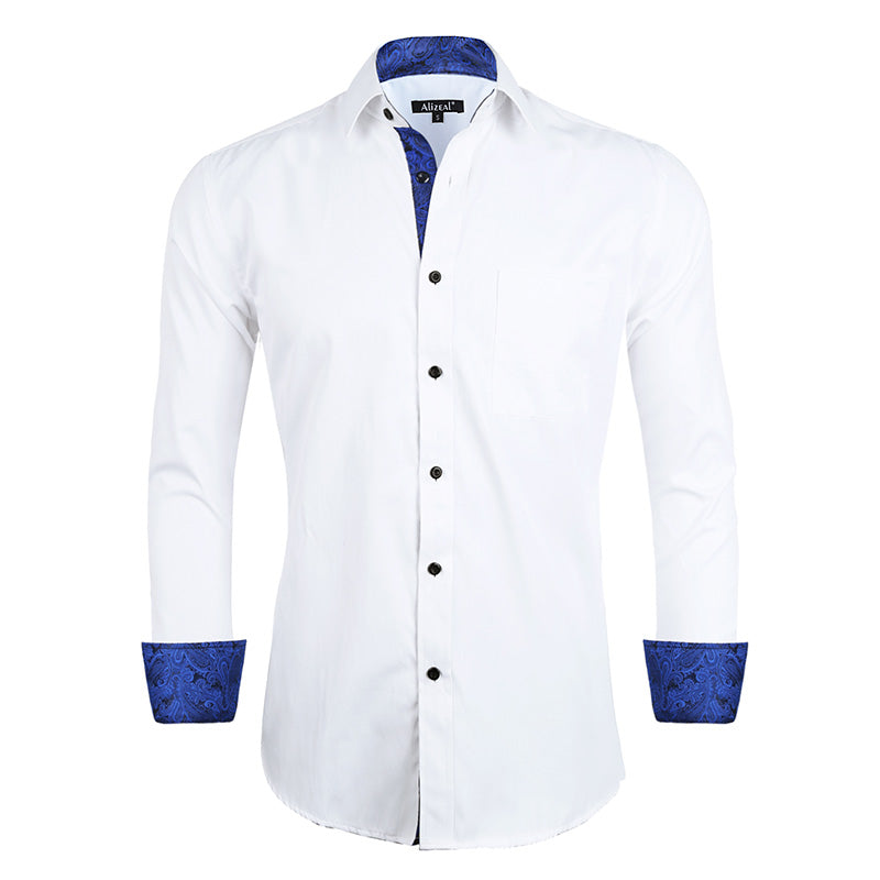 Men's Business Slim Fit Dress Shirt Long Sleeve Patchwork Button-Down Shirt, 004-White+Royal Blue