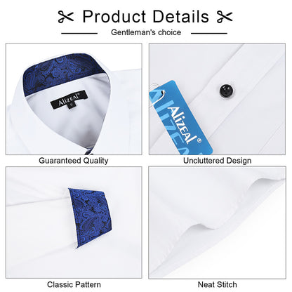 Men's Business Slim Fit Dress Shirt Long Sleeve Patchwork Button-Down Shirt, 004-White+Royal Blue