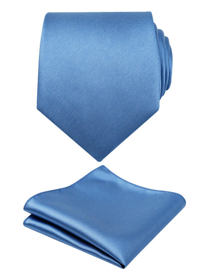 Men's 3.15" Solid Small Check Tie with Pocket Square Set for Business Formal Dress Wear, #140