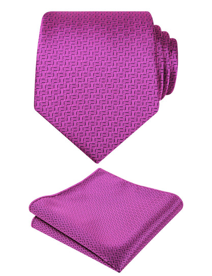 Men's 3.15" Solid Small Check Tie with Pocket Square Set for Business Formal Dress Wear, #140