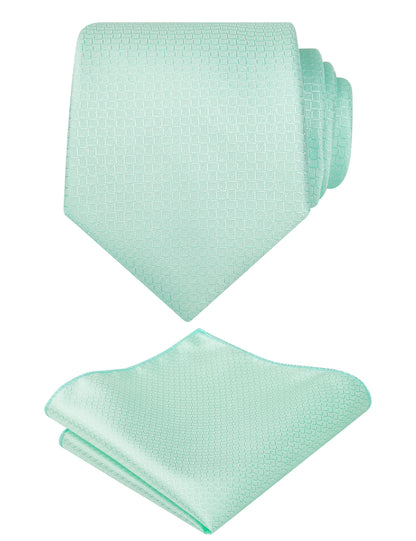 Men's 3.15" Solid Small Check Tie with Pocket Square Set for Business Formal Dress Wear, #140