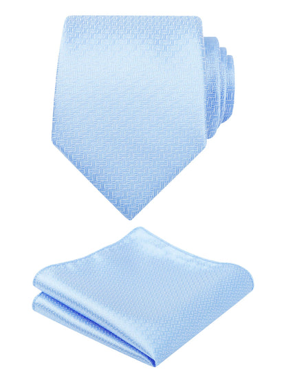 Men's 3.15" Solid Small Check Tie with Pocket Square Set for Business Formal Dress Wear, #140