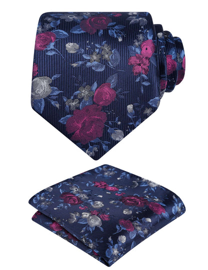 Men's 3.15inches Rose Flower Pattern Tie with Floral Printed Pocket Square Set, 145