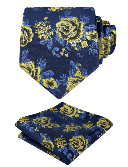 Men's 3.15inches Rose Flower Pattern Tie with Floral Printed Pocket Square Set, 145