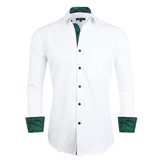 Men's Business Slim Fit Dress Shirt Long Sleeve Patchwork Button-Down Shirt, 004-White+Dark Green