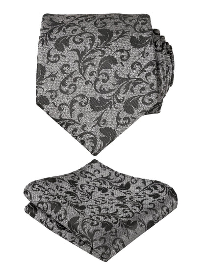 Men's Leaf Pattern Necktie with Plant Printed Pocket Square Set, 150
