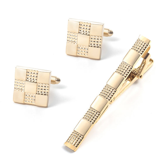 Men's Gold Dotted Textured Square Cufflinks Tie Clip Set