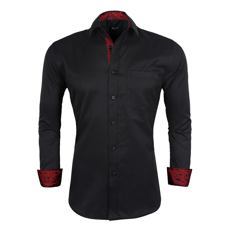 Men's Business Slim Fit Dress Shirt Long Sleeve Patchwork Button-Down Shirt, 004-Black+Wine Red