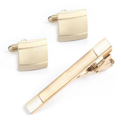 Men's Gold Striped Square Cufflinks Tie Clip Set