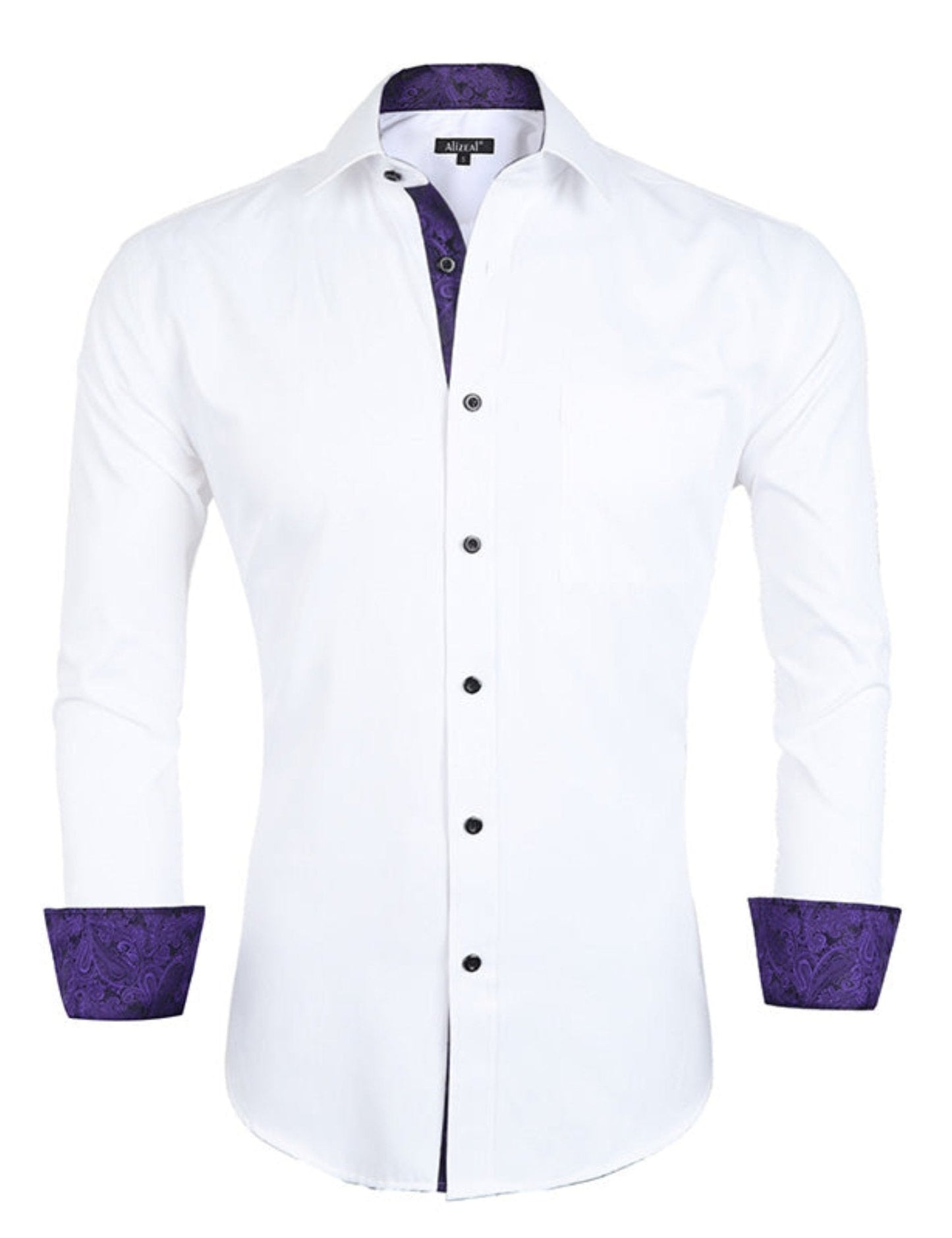 Men's Business Slim Fit Dress Shirt Long Sleeve Patchwork Button-Down Shirt, 004-White+Dark Purple