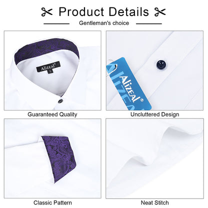 Men's Business Slim Fit Dress Shirt Long Sleeve Patchwork Button-Down Shirt, 004-White+Dark Purple