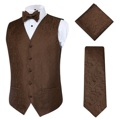 Men's Paisley Suit Vest, Self-tied Bow Tie, 3.35inch(8.5cm) Necktie and Pocket Square Set, 175-Brown