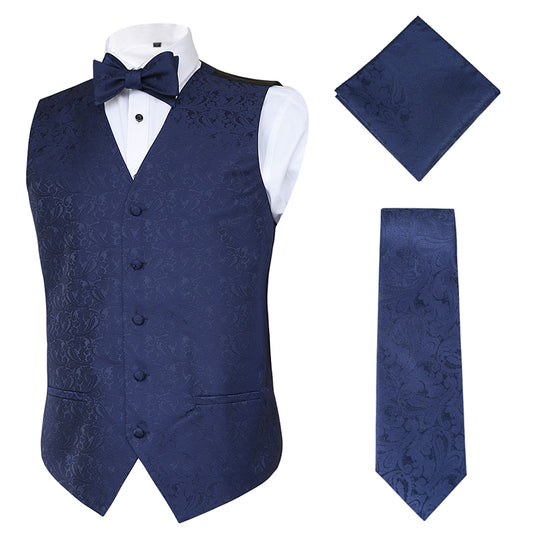 Men's Paisley Suit Vest, Self-tied Bow Tie, 3.35inch(8.5cm) Necktie and Pocket Square Set, 175-Dark Navy