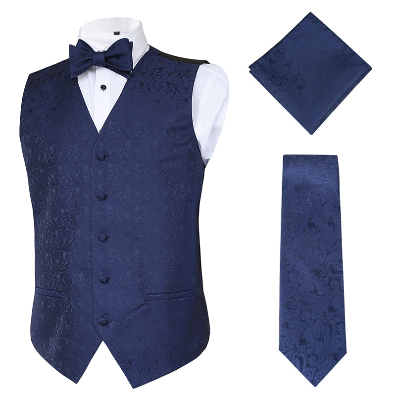 Men's Paisley Suit Vest, Self-tied Bow Tie, 3.35inch(8.5cm) Necktie and Pocket Square Set-175-Dark Navy